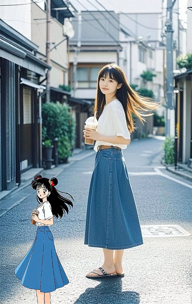 清新实景与动漫风结合，少女手持咖啡，漫画手法展现夏日悠闲时光。