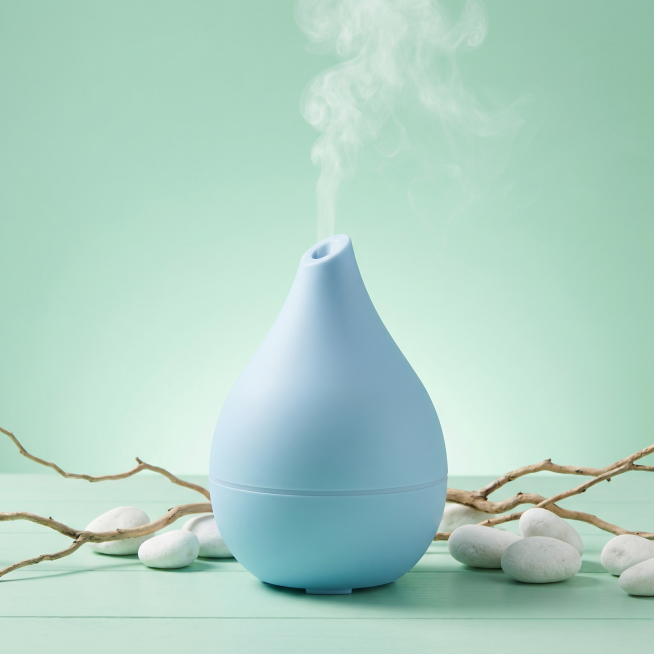 1:1 比例，专业电商产品摄影，清新治愈风，主体为浅蓝色水滴造型香薰加湿器，严格还原产品外观、颜色、出雾形态、细节按键等所有细节，产品保持真实哑光磨砂质感。加湿器置于浅薄荷绿色简约木质桌面上，背景为同预览效果