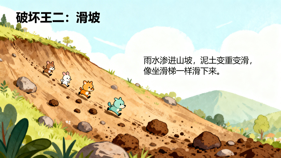 PPT页面，标题为"破坏王二：滑坡"，左侧是山坡上的泥土石块沿着斜坡下滑，小动物逃跑的卡通插图，右侧文字为"雨水渗进山坡，泥土变重变滑，像坐滑梯一样滑下来。"，风格童趣可爱预览效果