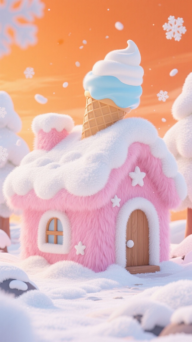 画面中心是粉色的小木屋（白色门和窗），上面有星星的装饰，屋顶覆盖白雪，房顶上有一个巨大的被雪覆盖的冰淇淋，橙色的天空，周边飘着白色雪花，地面有积雪