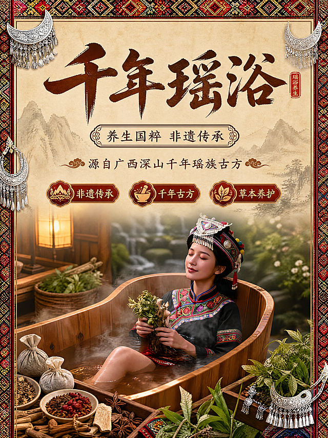 「图片1」瑶浴，是中国非物质文化遗产，源自广西深山千年瑶族古方，被誉为“千年瑶浴、养生国粹”。
 
瑶族世代居住深山，湿气重、瘴气多，祖辈为抵御寒湿病痛，采药煮水、泡浴养生，历经千百年口传心授、代代改良，形成完整的草本药浴养生体系。
60-80竖牌