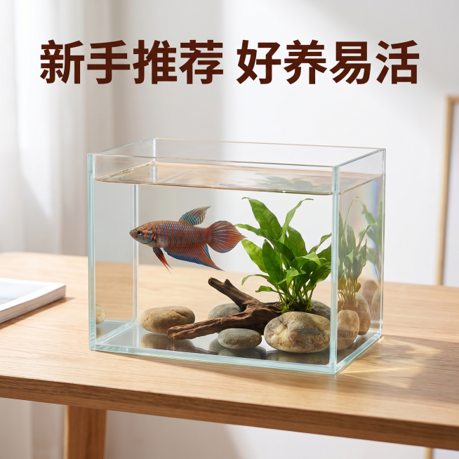 [主图 4] 中国斗鱼新手友好场景展示图。
[氛围风格] 生活化水族场景，自然温馨，整体风格保持统一；
[画质] 商业摄影质感、光线柔和通透、产品清晰真实、画面干净高级。
[元素] 一只中国斗鱼放置在预览效果