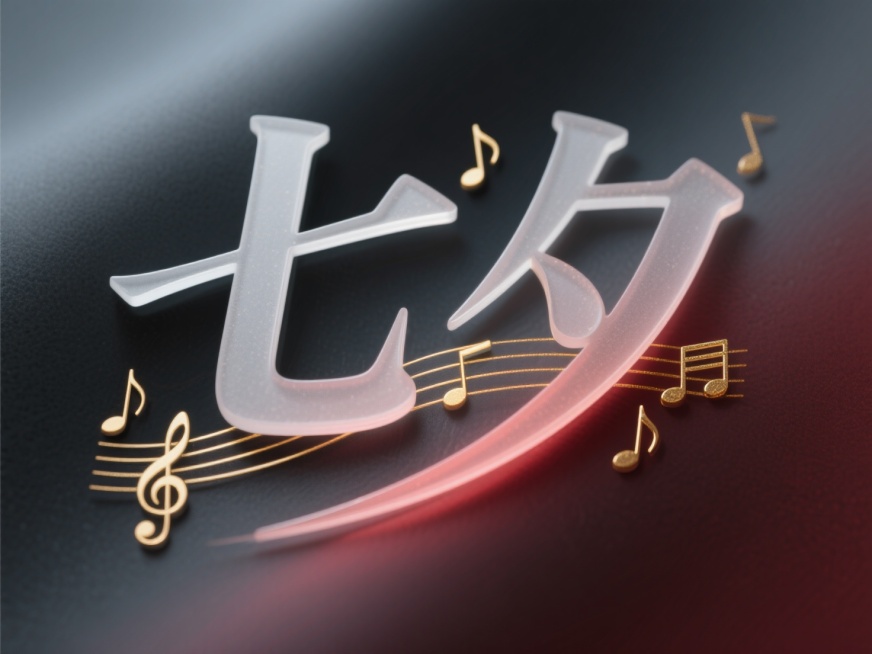 半透明磨砂浅灰色与暗红色渐变磨砂的潇洒的弯曲的宋体体写的“七夕”，字体点缀着烫金音符与五线谱图案，半透明磨砂材质，奢侈品质感，极简主义，暗调磨砂背景，低调奢华，低饱和度预览效果
