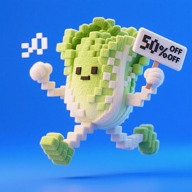 一个拟人的白菜奔跑中，举着“50%OFF“的牌子，蓝色背景