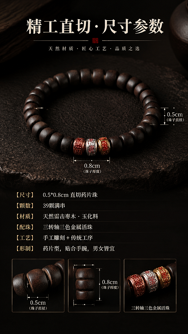 第6屏：尺寸规格。基于image1-4手串，生成详情页尺寸屏，9:16竖版。要求：1. 产品外观不变；2. 暗调高级质感，深色简约背景；3. 标题："精工直切·尺寸参数"；4. 参数信息："【尺寸】0.5*0.8cm 直切药片珠 【颗数】39颗满串 【材质】天然雷击枣木·玉化料 【配珠】三转轴三色金属活珠 【工艺】手工雕刻 + 传统工序 【形制】药片型，贴合手腕，男女皆宜"；5. 手串旁配尺寸标注线示意，清晰展示规格，排版简洁明了，详情页风格。
