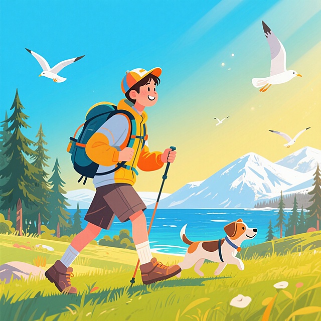 一个热爱冒险的年轻人，身边带着一只小狗，背着背包，徒步旅行，松林，草原，树林，雪山，大海，海鸥，风景背景，旅游景色，潮流配色，高饱和度，多巴胺