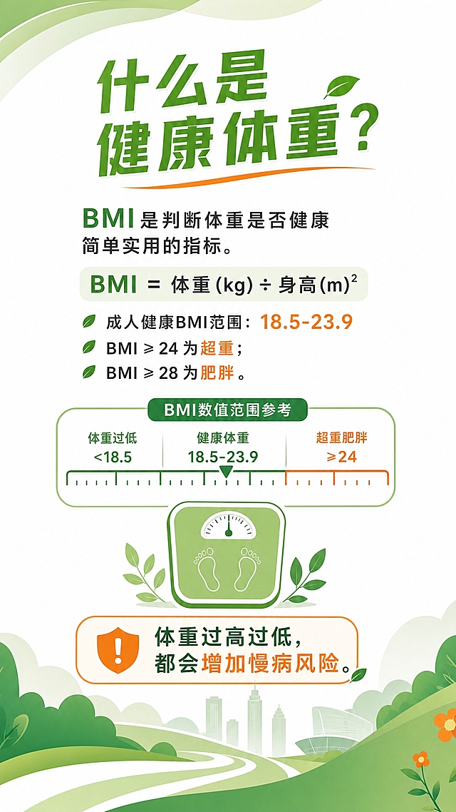 健康体重宣传三折页封2（内页左），竖版95mm×210mm比例，与参考图同风格：绿色简约扁平插画健康科普风，白色背景配绿色和橙色点缀。顶部标题"什么是健康体重？"绿色大字。正文内容：BMI是判断体重是否健康简单实用的指标。BMI=体重(kg)÷身高(m)²，成人健康BMI范围：18.5-23.9，BMI≥24为超重；BMI≥28为肥胖。底部提示：体重过高过低，都会增加慢病风险。配BMI简易示意图：一个体重秤简笔画和BMI数值范围标尺图示，扁平简约风格。整体排版清晰，文字易读，与封面风格统一