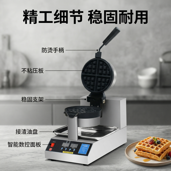 一张高端商用餐厨华夫炉整机结构详情图，1:1比例。背景为简约高级浅灰色餐厨空间，带自然肌理，右下角虚化点缀一份做好的成品华夫饼，烘托产品使用场景，背景丰富不抢主体。整机斜放在画面中心，保持原有产品结构预览效果