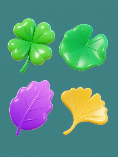 一组4个软3D风格的卡通图标系列素材集合，每个元素均采用高饱和度色彩、光滑表面质感与圆润边缘造型，统一置于纯色背景上。包含：高饱和绿色四叶草（4片心形叶片，中央脉络清晰，表面有高光点缀，绿色叶柄）、高饱和绿色荷叶（宽阔圆润叶片，清晰叶脉纹理，光滑表面带高光）、高饱和紫色紫苏叶（呈卵形，边缘有轻微波浪感，叶脉细节丰富，表面光滑有光泽）、高饱和黄色银杏叶（扇形叶片，边缘有整齐波浪状缺刻，清晰的二叉……预览效果