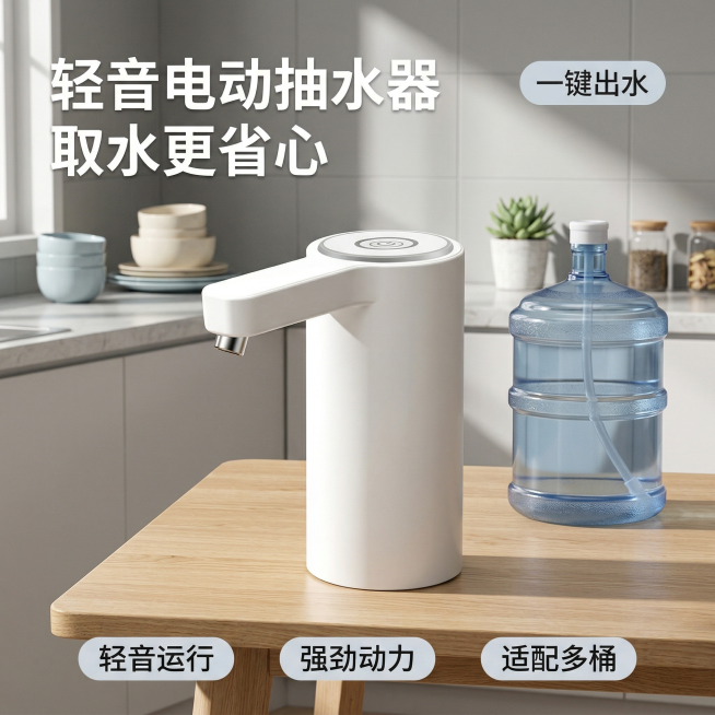 垫图为用户上传的白色桶装水抽水机，主图主题：桶装水电动抽水器居家场景首图，氛围风格：干净明亮的现代居家风格，柔和自然光，温馨实用感，画面元素：白色抽水器居中放置在餐厅原木餐桌上，旁边搭配一桶常规桶装水预览效果