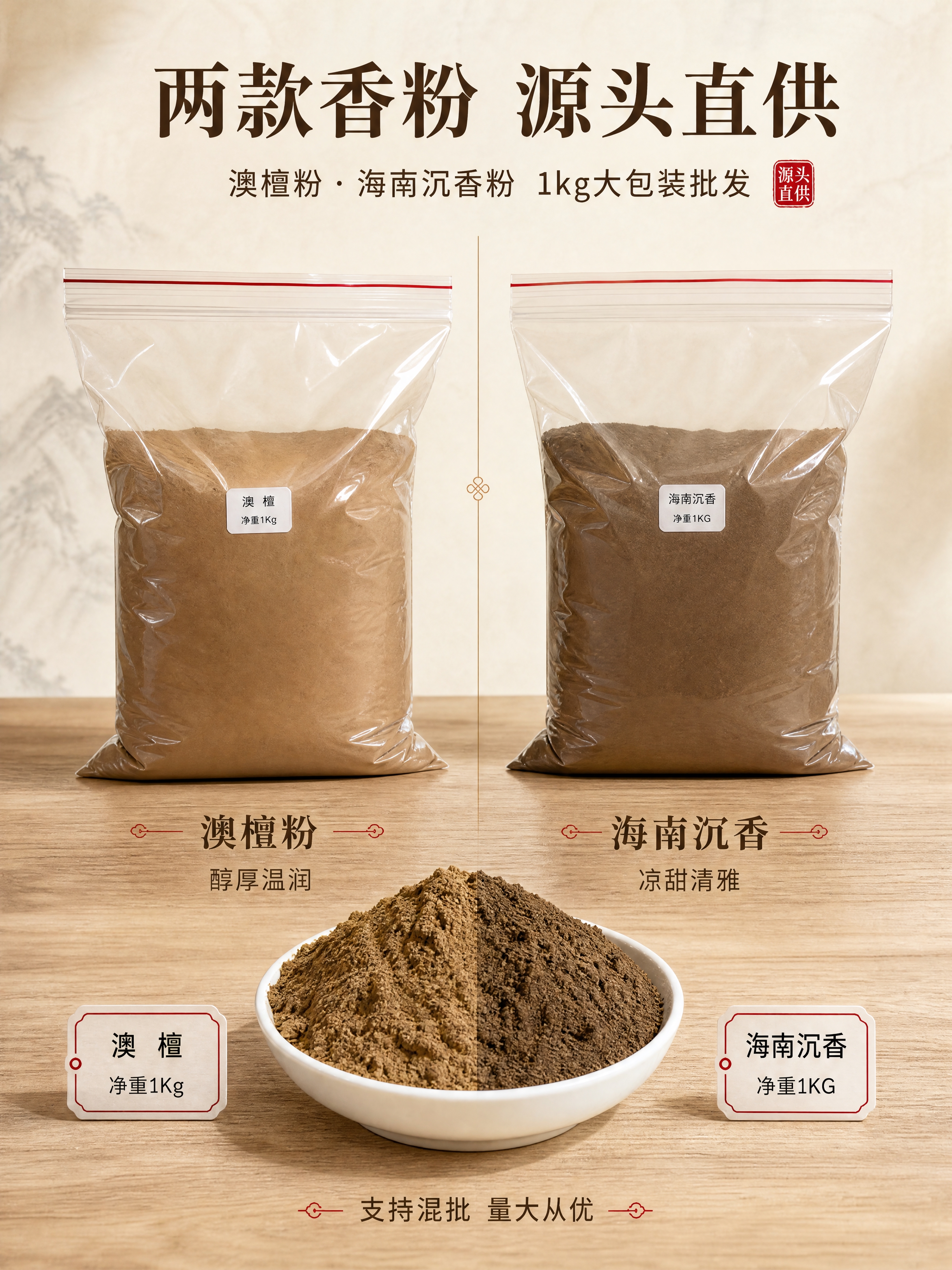 [商品] 使用【图2】澳檀粉袋装产品图 + 【图4】海南沉香粉… - 图片创意预览