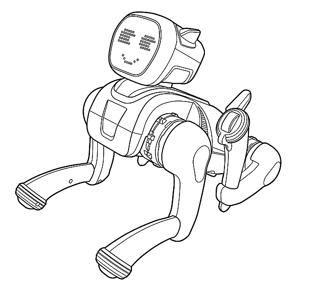 提取这张图片中机器狗的轮廓线，生成仅保留清晰轮廓的线框图，白色背景，使用黑色粗线条，保留所有结构细节