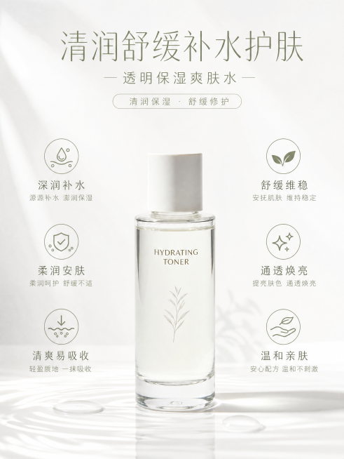 极简透明保湿爽肤水电商竖版海报，主题为清润舒缓补水护肤，纯白极简背景，8K高清美妆商业摄影，柔和浅自然光浅阴影，画面居中摆放透明白盖爽肤水，保留瓶身枝叶简约线条印花，干净通透无杂物，模块化简约排版，纤预览效果