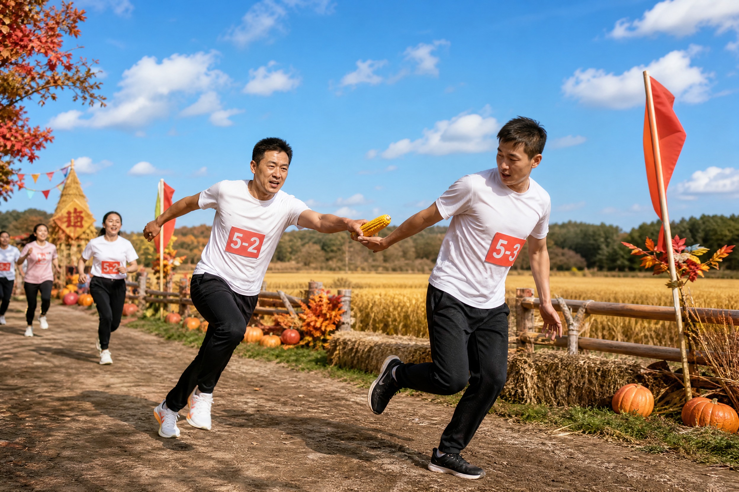 真实人物摄影风格，秋季丰收运动会主题，选手们在户外田园赛道上手… - 图片创意预览