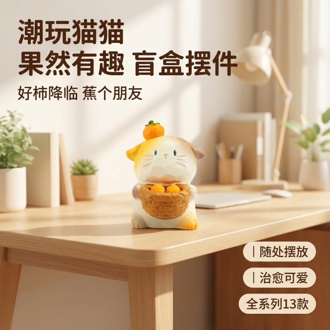 [主图 1] 潮玩猫猫果然有趣盲盒摆件首图。氛围风格：温馨舒缓治愈风，简约办公桌场景，自然光漫射。画面元素：突出展示橙柿主题猫猫摆件居中放置在浅色木质办公桌面上，背景为柔和虚化的办公室环境，浅景深，保预览效果