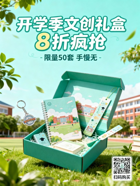 校园定制文创礼盒（含笔记本、钥匙扣、书签），促销信息“开学季8折优惠”“限量50套”，目标受众为在校大学生。生成1张促销海报，风格青春活力，包含产品实物元素、促销文案、购买二维码占位符。预览效果