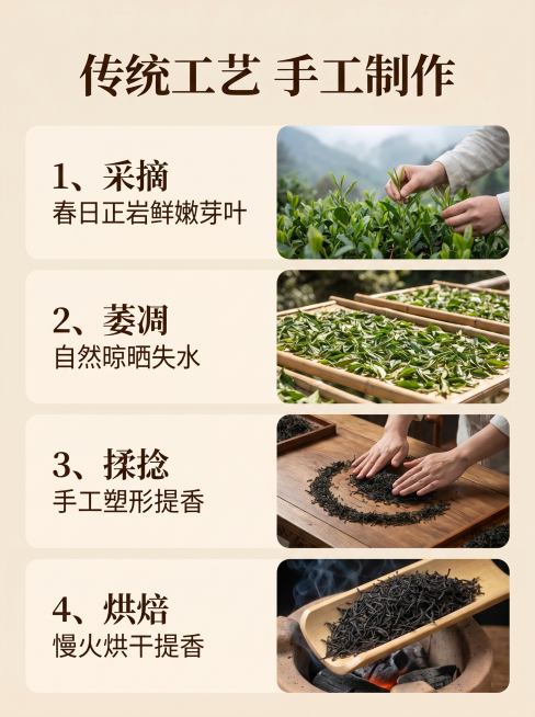 [竖版新增详情页2] 正山小种传统制作工艺；[氛围风格] 商务轻奢自然传统；[画质] 商业摄影质感、光线柔和通透、产品清晰真实、画面干净高级；[元素] 从上到下排列四道传统工序，每道工序配干茶参考图片预览效果