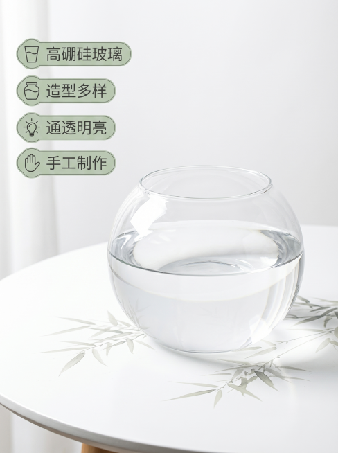 [主图 2] 高硼硅玻璃鱼缸核心卖点展示图。
[氛围风格] 中国古风简约风格，真实质感，干净明亮；
[画质] 商业摄影质感、光线柔和通透、产品清晰真实、画面干净高级。
[元素] 玻璃鱼缸放在简洁白色桌预览效果