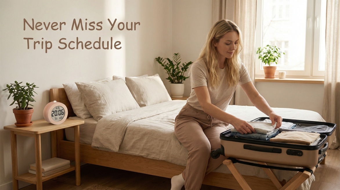 旅行场景，一位欧美模特在简约的酒店房间里收拾行李，床边的柜子上放置图中的木质数字闹钟，闹钟主体特征不变，画面配有英文文案"Never Miss Your Trip Schedule"，整体风格温馨舒适预览效果