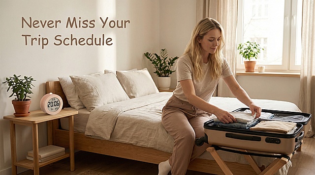 旅行场景，一位欧美模特在简约的酒店房间里收拾行李，床边的柜子上放置图中的木质数字闹钟，闹钟主体特征不变，画面配有英文文案"Never Miss Your Trip Schedule"，整体风格温馨舒适，光线柔和
