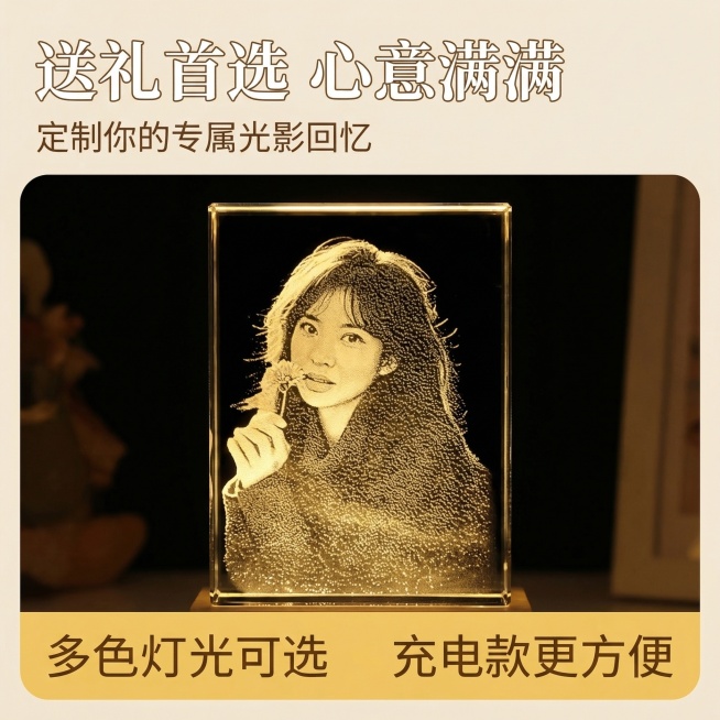 玻璃画像定制电商主图，采用三分区布局，顶部核心信息区主标题“送礼首选 心意满满”，副标题“定制你的专属光影回忆”，奶油白色字体，放在画面左上角；中部商品展示区居中放置暖黄色发光玻璃画像产品，雕刻的是女预览效果