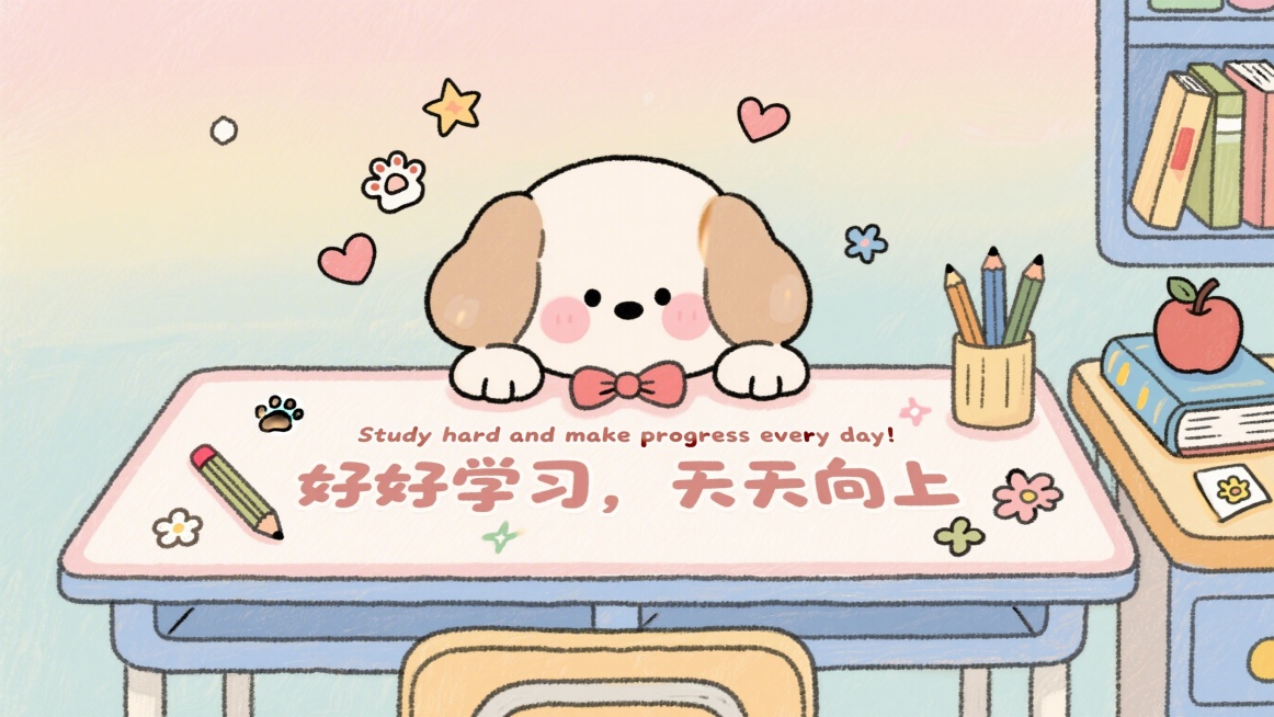 儿童学习桌垫卡通插画，提取Q版卡通小狗形象，软萌治愈手绘风格，马卡龙色系低饱和度清新配色，拟人化圆滚滚造型，小狗趴在桌边探出脑袋，带有腮红和蝴蝶结装饰，纯色渐变背景，点缀星星、爱心、爪印、小花小元素，预览效果