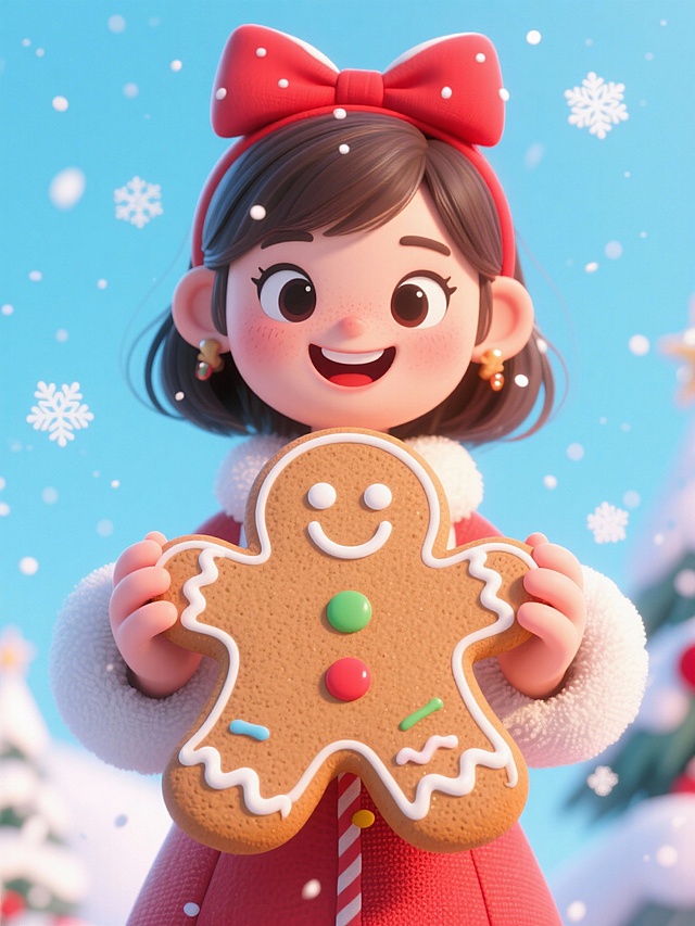 软3D风卡通女孩手持姜饼人，红蝴蝶结与雪景烘托节日喜庆，温馨甜蜜感十足，充满趣味与可爱气息。