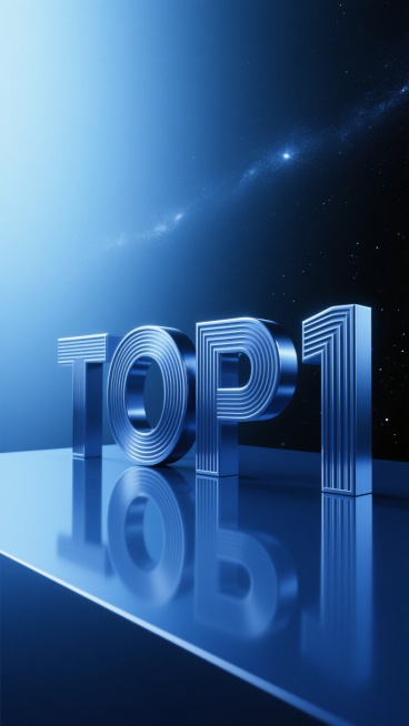 3D立体艺术字"TOP 1"，采用深靛蓝色金属材质，表面有精细的竖条纹肌理，边缘锐利，具有强烈的反光效果和清晰的投影，放置在光滑的深靛蓝色镜面平台上，背景为渐变的星空蓝到墨黑的深邃夜空，带有细腻的光晕效果，整体呈现出高端、科技感和神秘氛围，光线从左上方柔和照射，形成自然的明暗对比和高光区域，无任何文字、二维码及装饰元素。预览效果