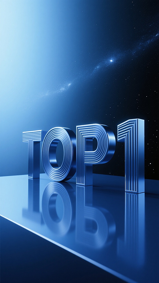 3D立体艺术字"TOP 1"，采用深靛蓝色金属材质，表面有精细的竖条纹肌理，边缘锐利，具有强烈的反光效果和清晰的投影，放置在光滑的深靛蓝色镜面平台上，背景为渐变的星空蓝到墨黑的深邃夜空，带有细腻的光晕效果，整体呈现出高端、科技感和神秘氛围，光线从左上方柔和照射，形成自然的明暗对比和高光区域，无任何文字、二维码及装饰元素。