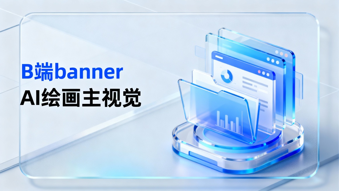 B端轻量毛玻璃风格，画面左侧为蓝色文字“B端banner”和黑色文字“AI绘画主视觉”，画面右侧主体是透明渐变蓝色的立体数据存储和文件管理概念模型，包含文件夹、数据界面等元素，背景是简洁的浅蓝灰色预览效果