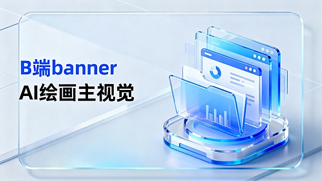 科技感与未来感交融，清透玻璃风3D设计，轻拟物风格呈现AI绘画主视觉，B端banner简约高级，蓝白渐变光影营造沉浸式数字体验。