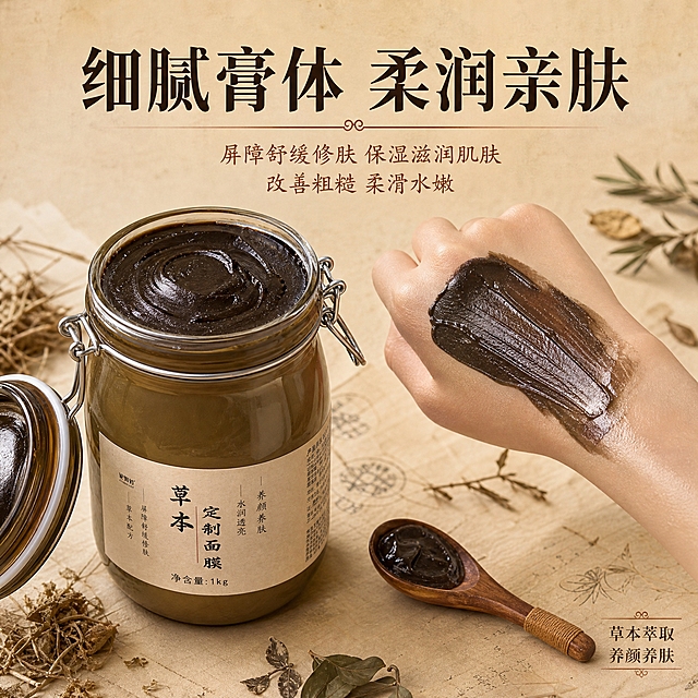 [主图-3] 质地与肤感展示，突出草本面膜膏体的细腻质地和使用后的肌肤水润柔滑效果，体现屏障舒缓修肤、保湿滋润的肤感。
[统一基调] 整体中药草本风格，不花哨；背景主色为深棕褐色+米黄宣纸质感，主标题字色为深墨褐色，辅助字色为赭石红+米白，强调色为暗金棕；字体选用干净有力量的宋体/衬线体，标题粗重醒目，辅助文字纤细清晰；卡片和图标用古朴线描+宣纸底纹，整体沉稳有东方药铺质感。
[画面] 画面左侧为1kg草本面膜罐（与首图同款），罐盖打开放在旁边，罐内深褐偏黑的草本膏体清晰可见，占画面约40%；画面右侧为女性手背特写，手背上涂抹了一层深褐色草本面膜膏体，膏体质地细腻均匀，有被推开的延展痕迹，展示膏体的柔滑质地；旁边有一把古朴木质小面膜勺，勺中盛有少量膏体；背景为浅米黄色柔和虚化背景，点缀少量干草本叶片；整体呈现干净的护肤试用场景感。
[光影质感] 商业摄影质感，柔和自然光，膏体有细腻的光泽感，手背皮肤纹理清晰，玻璃罐通透有反光，整体光影柔和均匀，突出质地的细腻和肌肤的水润感。
[配色] 浅米黄主背景，深褐黑色膏体，深墨褐色文字，赭石红色点缀；整体保持中药草本深褐色系，肤色自然真实。
[文字版式] 画面上方大标题'细腻膏体 柔润亲肤'，主标题最大最粗；下方分两行小字'屏障舒缓修肤 保湿滋润肌肤'、'改善粗糙 柔滑水嫩'；右下角小字标注'草本萃取 养颜养肤'；文字横排，字体统一为衬线宋体风格；文字放在画面上下负空间，不遮挡膏体和手部特写。
[输出要求] 1:1正方形比例，2K高清，膏体质地清晰，皮肤纹理真实，产品清晰不变形，文字清晰可读无错字；负向：禁止医疗化夸张表达，禁用'温和'二字，禁止夸张前后对比，禁止水印、平台Logo、手部畸形、产品变形、颜色失真。