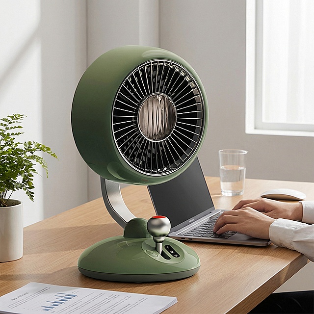 图片里，一位戴眼镜、身着灰色短袖的欧美男士坐在原木色办公桌前，左手搭在银色笔记本电脑上正在办公，手腕佩戴着一块黑色智能手表。桌面上摆放着这台绿色桌面小风扇、插有笔的蓝色笔筒，还有一本印有 “GMAG” 字样的杂志。，整体风格简约清爽，凸显了桌面风扇适配办公与居家的使用场景。