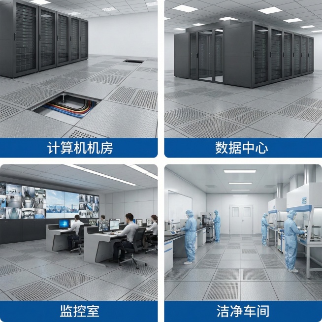 全钢防静电地板应用场景副图，1:1比例，专业现代风格。四宫格布局展示四个适用场景：计算机机房、数据中心、监控室、洁净车间。每个小图展示对应场景的地板铺设效果，地板纹理和原图保持一致，每个场景标注名称，预览效果