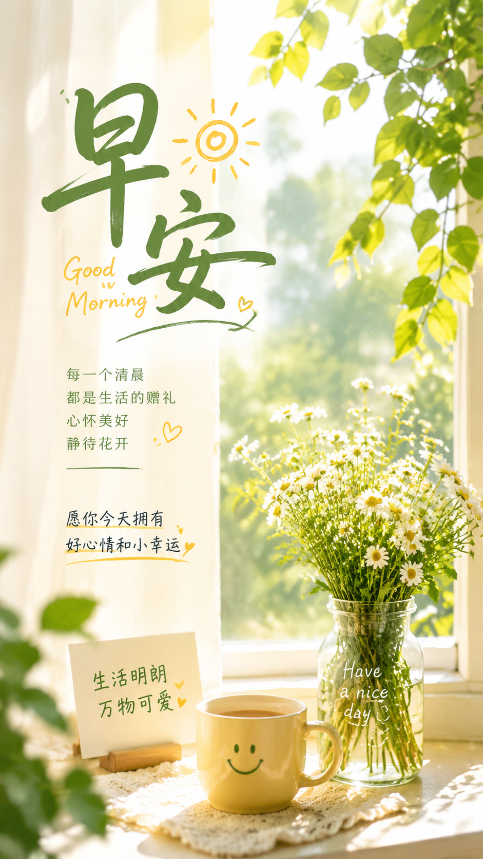 一张温馨治愈的早安海报，画面有清新的阳光和绿植，带有醒目的“早… - 图片创意预览