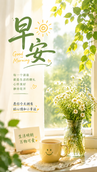 一张温馨治愈的早安海报，画面有清新的阳光和绿植，带有醒目的“早安”文字，整体风格清新温暖适合朋友圈分享预览效果