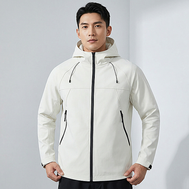 米白色连帽夹克外套，年轻时尚潮流东亚男性模特，和前两款同款模特，拉链拉上穿着，正面半身展示到腰部，和前两款保持相同的浅灰白色摄影棚背景，保留自然墙角柔和光影层次感，穿搭和谐，保持1:1正方形构图，柔和漫射光影，淘宝电商主图，动作幅度自然偏小，突出夹克版型和面料细节，整体风格和前两款统一。