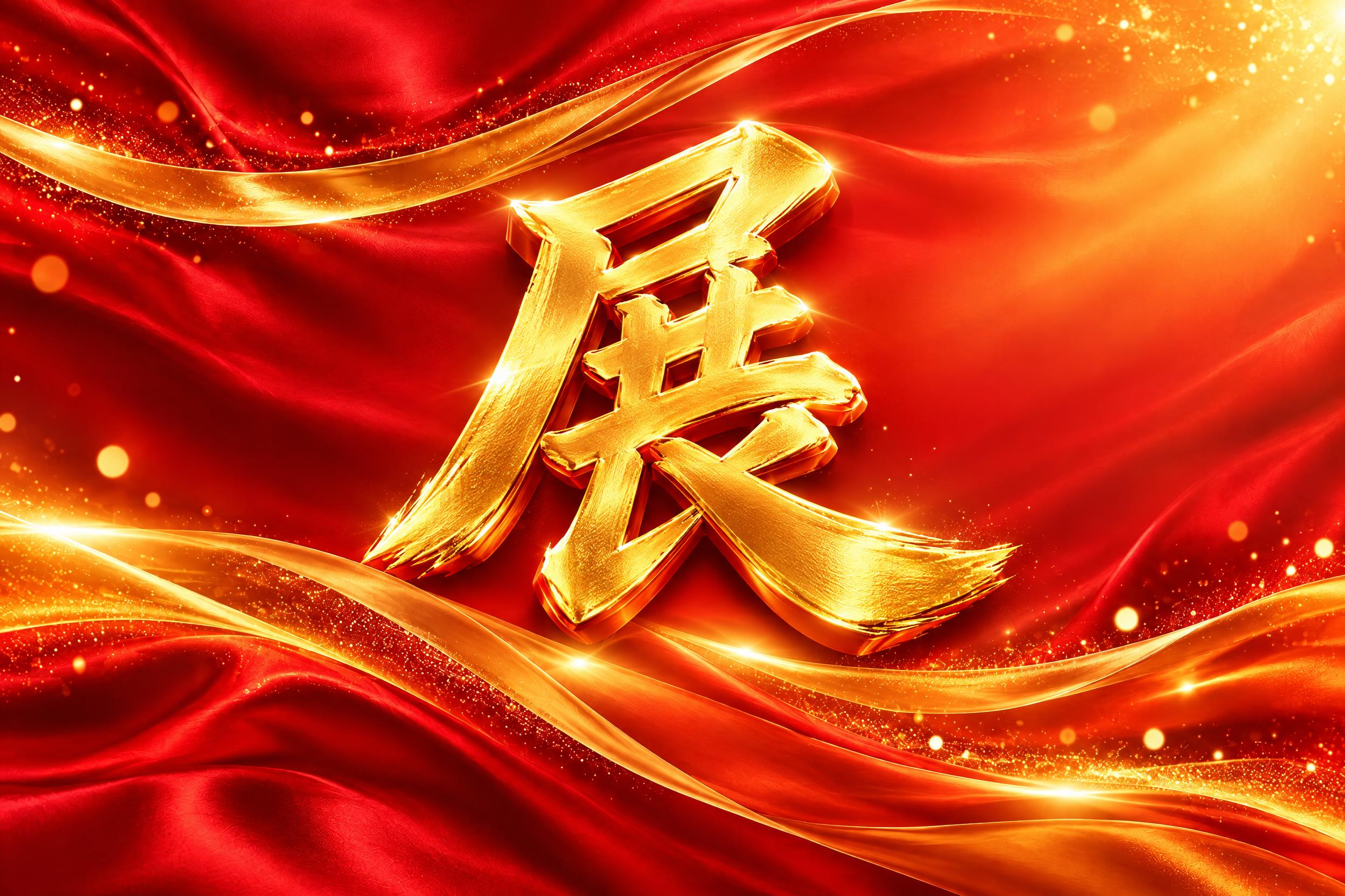 在这张红金丝绸飘带背景图的正中央，放置一个巨大的金色立体书法字… - 图片创意预览