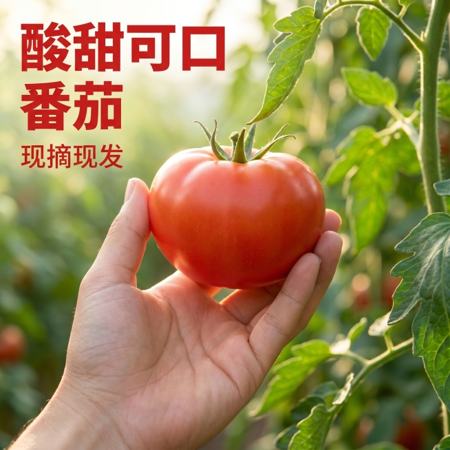 [主图-1] 现摘沙瓤番茄首图，[氛围风格] 治愈自然风，食欲感拉满，[画质] 商业摄影质感、光线柔和通透、产品清晰真实、画面干净高级，[元素] 保持番茄外观颜色形状和原图绝对一致，杜绝任何变形色差。预览效果