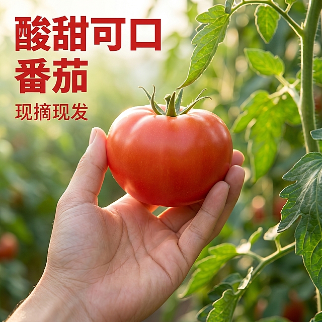 [主图-1] 现摘沙瓤番茄首图，[氛围风格] 治愈自然风，食欲感拉满，[画质] 商业摄影质感、光线柔和通透、产品清晰真实、画面干净高级，[元素] 保持番茄外观颜色形状和原图绝对一致，杜绝任何变形色差。农场藤蔓绿叶背景，一只手托着成熟的大红番茄，番茄饱满红润，商品主体占比65%左右，画面满屏无边框。[光影] 自然暖阳光，逆光突出番茄果肉通透感，果实边缘有好看的柔光轮廓，背景虚化不抢主体，通透不灰蒙。[配色] 主色调番茄正红色，辅助色清新绿色，自然治愈配色。[视角构图] 平视角度，景深适中，产品完整不裁切。[文字版式] 左上负空间左对齐留安全边距，大字文案“酸甜可口 番茄”，红色最大号粗体无衬线，和浅色背景形成强烈对比，辅助小字“现摘现发”，字号缩小一半，自然清晰。[比例分辨率] 1:1比例，2k分辨率，文字清晰锐利，超高清。[负向提示词] 变形，水印，文字错乱，产品模糊，背景杂乱，配色刺眼，遮挡主体。