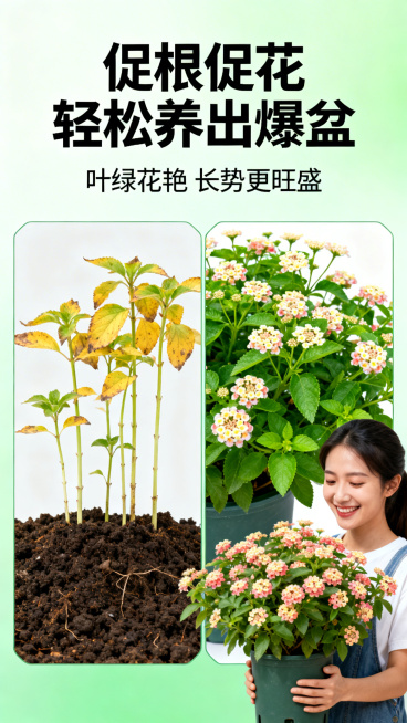 电商详情页海报，主标题大字"促根促花 轻松养出爆盆"，副标题小字"叶绿花艳 长势更旺盛"，画面做左右对比布局，左侧是使用普通营养土的瘦弱花苗，右侧是使用该营养种养出的爆盆盛开花卉，右下角添加用户手持盛预览效果