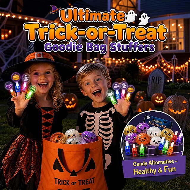 Amazon 主图5，Trick-or-Treat 真实使用场景图，主题为 "Perfect for Trick-or-Treat Goodie Bags"。万圣节夜晚户外场景，背景是装饰着南瓜灯的美式住宅前院，有橙色串灯、蜘蛛网装饰、墓碑道具，营造浓厚节日氛围。前景中，一个穿着女巫服装的欧美小女孩（金发、戴尖顶女巫帽、黑色橙色连衣裙）和一个穿着骷髅服装的欧美小男孩（金发、骷髅图案上衣），正开心地伸手展示手上戴着的彩色戒指投影灯，灯光在黑暗中投射出南瓜和幽灵图案。他们脚边放着一个橙色的不给糖就捣蛋袋子，袋子里露出几个闪粉包子捏捏玩具。画面右侧有一个礼品袋内容物展示的小插图：袋子里装满捏捏玩具和戒指投影灯，配文 "Candy Alternative - Healthy & Fun"。顶部大标题 "Ultimate Trick-or-Treat Goodie Bag Stuffers"。所有文字为英文。人物只展示到胸部以上，重点在手部产品和场景氛围。商业摄影质感，夜景灯光自然，产品清晰。1:1正方形，2048x2048。负向：变形、错字、模糊、杂乱、水印、中文、面部扭曲、手指畸形、穿模