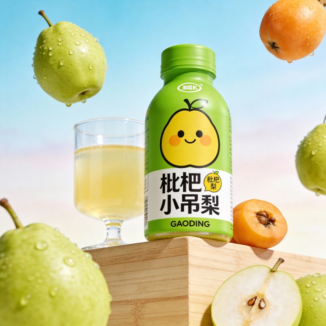 低角度仰拍视角，枇杷小吊梨饮料包装瓶置于原木色简约展台上，包装瓶主体是绿色瓶身（印卡通笑脸枇杷梨、“枇杷小吊梨” 文字，logo“GAODING”；包装瓶的左后面摆放盛浅黄色饮品的透明玻璃杯；周围点缀预览效果