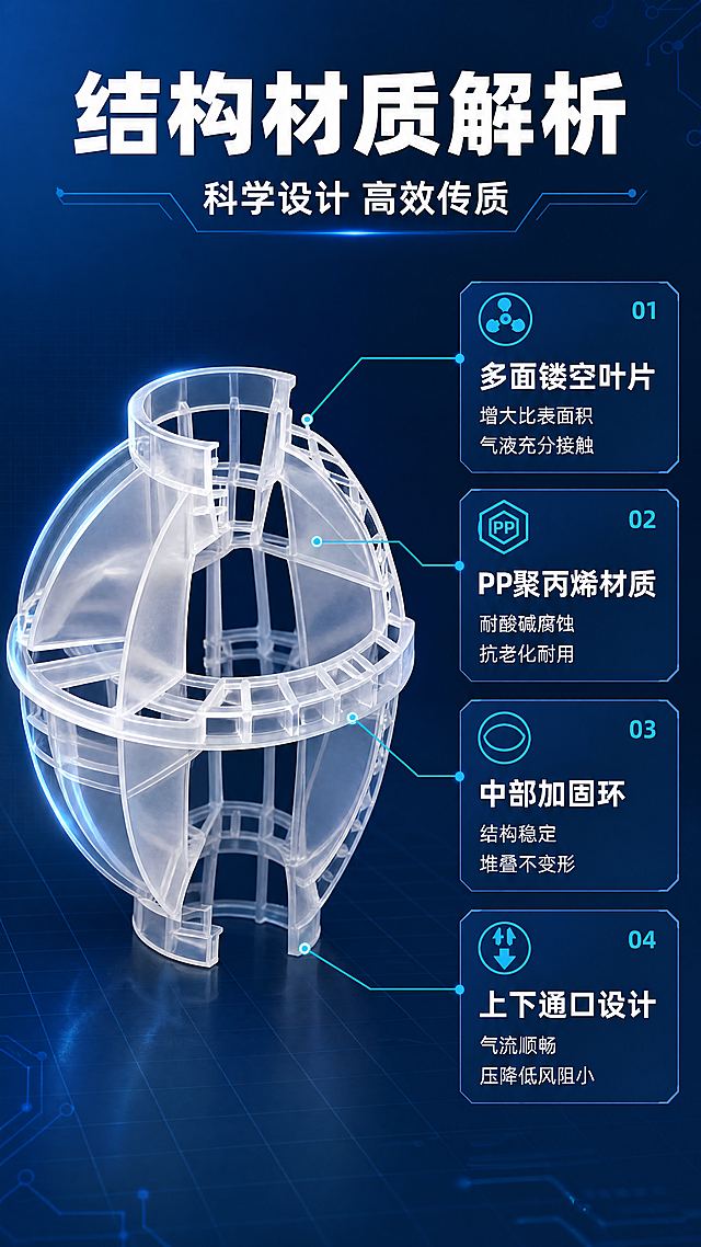 [商品] 使用【图2】透明PP多面空心球多规格组合图（重点使用半剖/展开结构的球）；保留多面镂空叶片结构、内部格栅、环形接口、透明PP材质；将半剖结构放大展示，增强内部结构可见度与材质通透感。
[画面] 目标：结构材质解析，证明产品性能原理。构图：左侧40%放大展示半剖多面空心球（占画面40%），右侧60%为结构标注区；产品45度侧视角度，半剖面向观众，清晰展示内部叶片层数与格栅结构；背景深蓝渐变+科技网格；用引线从产品各部位指向右侧说明卡片。
[视觉] 套系策略：风格=工业科技风商业摄影；标题字=粗黑体（思源黑体Heavy）；正文字=常规黑体（思源黑体Regular）；主色=深海蓝(#0A2463)；背景延展=深海蓝到浅灰蓝渐变，叠加细腻网格纹理与工业线条；强调色=青蓝色(#3E92CC)，仅用于小面积图标、引线、标签和光效；标题色=白色；正文色=浅灰蓝；组件=圆角深蓝信息卡、细线引线、科技感图标；光影=左前侧冷调硬光，产品边缘加轮廓光，突出通透质感与结构层次。
[文字] 顶部主标题"结构材质解析"，副标题"科学设计 高效传质"；右侧4个结构标注：1."多面镂空叶片"-"增大比表面积 气液充分接触"；2."PP聚丙烯材质"-"耐酸碱腐蚀 抗老化耐用"；3."中部加固环"-"结构稳定 堆叠不变形"；4."上下通口设计"-"气流顺畅 压降低风阻小"；文字全部横向排版，引线清晰对应部位。
[规格] 图片比例9:16竖版，4K，避免变形、错字、文字过小、产品结构失真、颜色改变、暖色调背景、卡通风格。