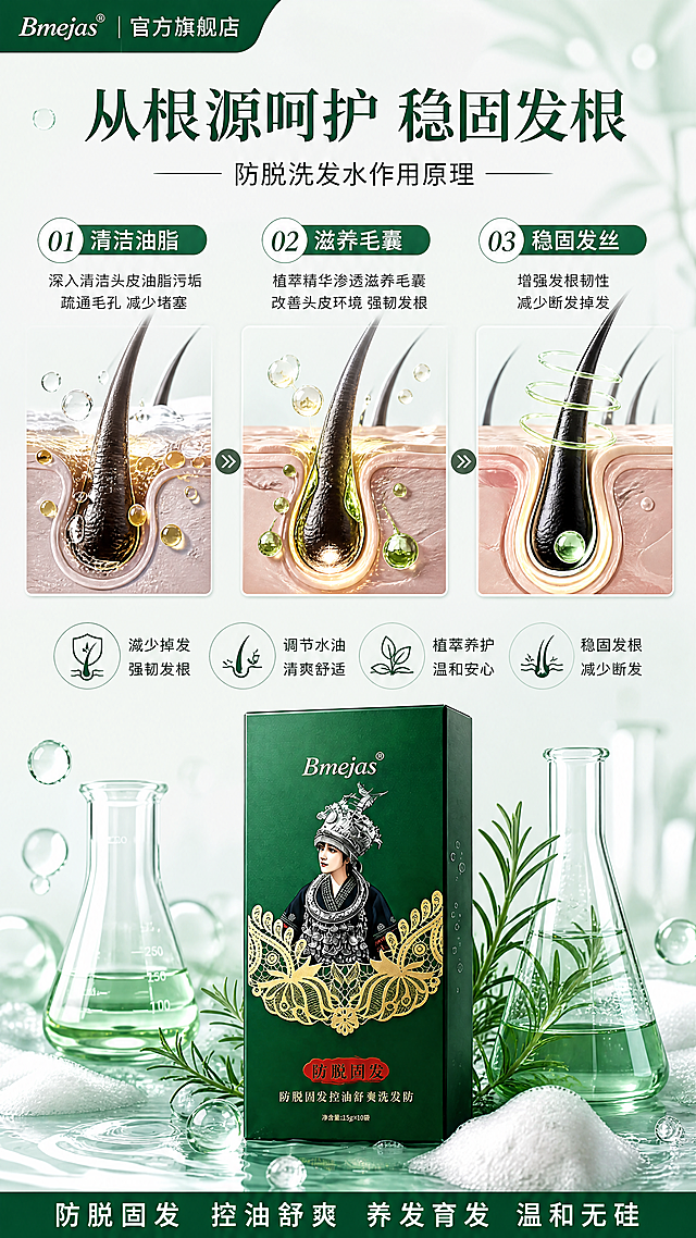 [第5屏] 防脱机理屏，防脱洗发水作用原理。顶部标题从根源呵护稳固发根，中间3步3D示意图展示：清洁油脂、滋养毛囊、稳固发丝。产品放底部保持外观，浅绿背景，文字标注清晰。9:16，4K分辨率。