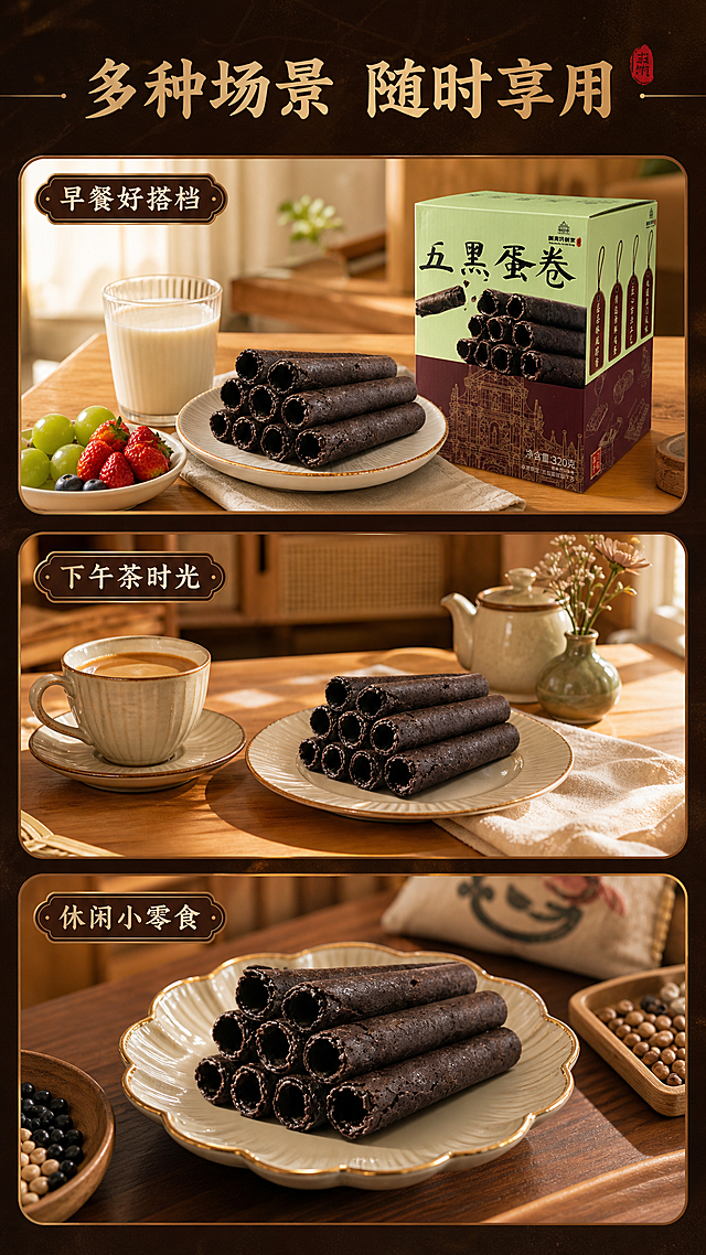 电商详情页第7屏（食用场景），主题：多种场景 随时享用。统一视觉基调：暖调国潮手信风，深棕黑金配色，高清商业摄影质感。画面：展示三个食用场景组合：1. 早餐搭配：五黑蛋卷+豆浆/牛奶+水果 2. 下午茶：五黑蛋卷+茶/咖啡 3. 休闲零食：蛋卷摆放在精致盘子里。每个场景用小画面展示，蛋卷是主角。产品罐/盒在其中一个场景出现（包装严格保持原图外观不变形）。背景：暖色调，温馨居家氛围。光影：暖金色自然光，温馨舒适。文字版式：顶部大标题「多种场景 随时享用」，下方三个场景各配小标题：「早餐好搭档」「下午茶时光」「休闲小零食」。输出要求：比例9:16竖版，文字清晰可读，产品清晰不变形，无水印无平台Logo，无错字。