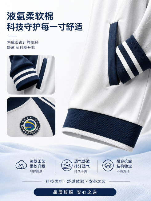 校服产品宣传海报，极简专业，信息清晰。主体：使用提供的图片展示校服细节款式，整体排版突出校服质感，场景设定：极简纯白渐变背景，底部有浅蓝色纤维纹理，营造干净、专业、舒适感的校服产品宣传氛围，无多余干扰预览效果