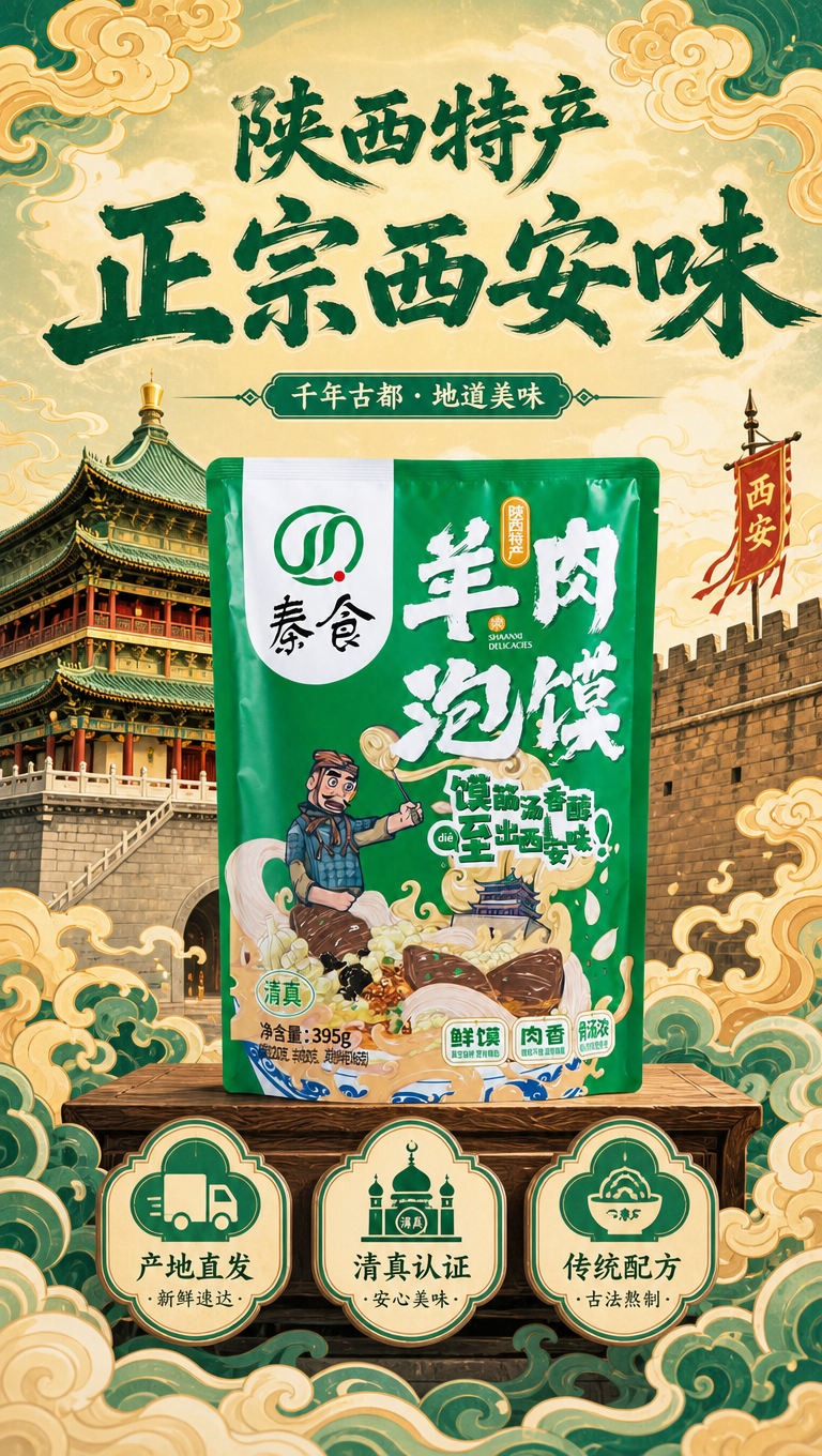 西安特产海报，9:16竖版。一袋绿色包装的羊肉泡馍放在画面中间… - 图片创意预览