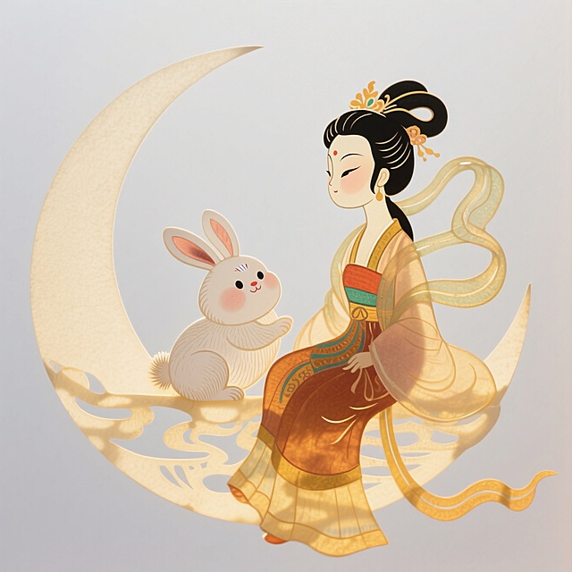 Q版风格：肥胖的嫦娥和白兔坐在月亮上，白色背景，完整展示