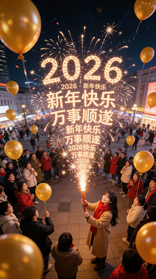 主体：图示人物站在人群中，穿着驼色大衣，带红围巾，手拿着点燃的礼花，礼花喷出的烟花自下而上升起放射状的2026、新年快乐、万事顺遂密集小字重复出现，成烟花状，几乎铺满整个画面。 
装饰元素：周围的人放飞金色气球
构图：俯视角构图，人物在右下方
色调：新年色调 
背景：热闹的城市跨年广场，保留夜空